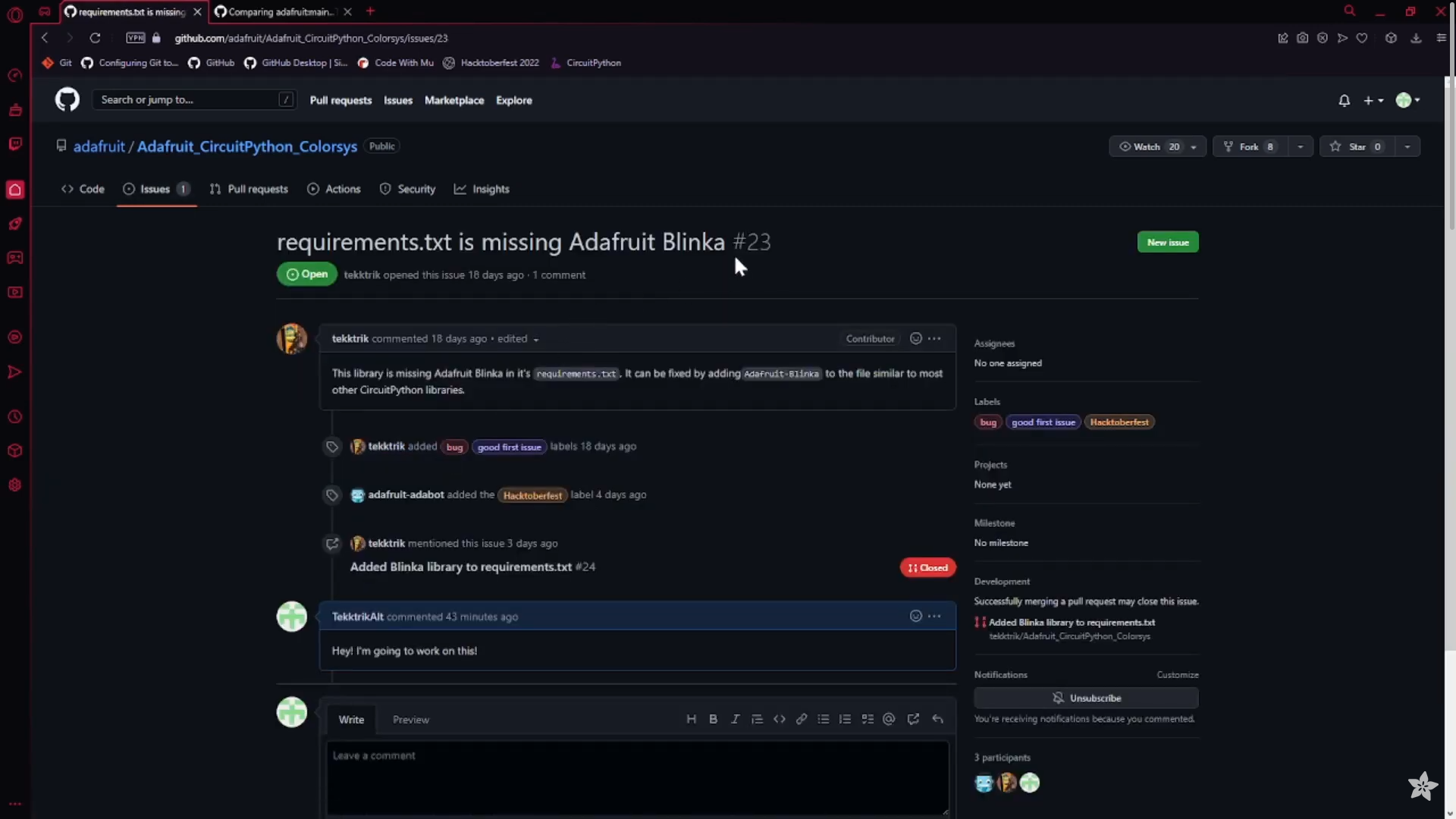Snapshot of my computer screen from the Hacktoberfest tutorial video